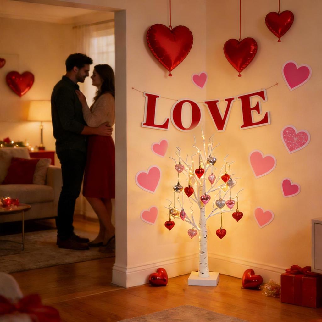24 LED Birch Tree Light with 18 Heart Ornaments USB Battery Power Holiday Decorative Valentine Christmas Halloween Easter Gift