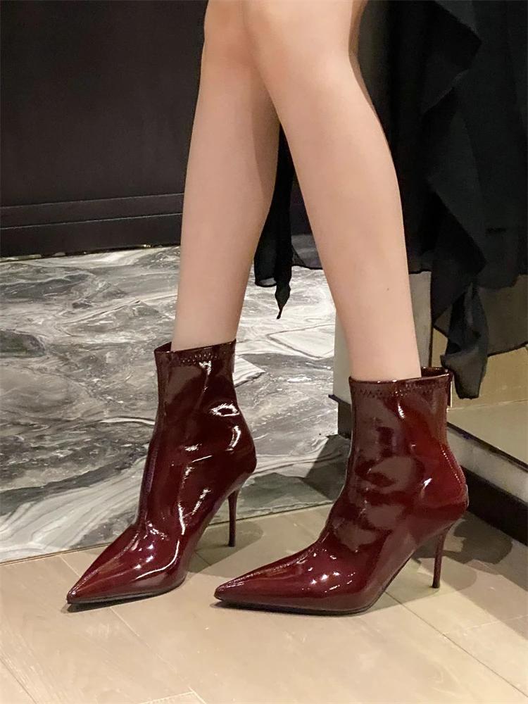 Fashion Eilyken Street Style Thin High Heels Ankle Boots Women Patent Leather Autumn Winter Zipper Shoes Sexy Banquet Prom Pumps