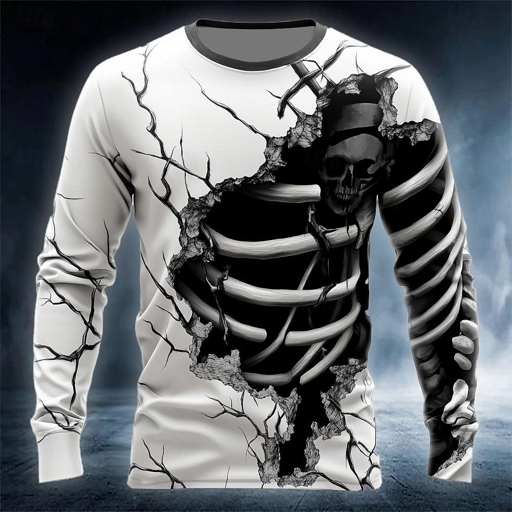 Halloween Skeleton Printed Long Sleeve T-Shirts for Men Gothic Trendy Streetwear Casual Tops Halloween Theme T-shirts Fall Winter