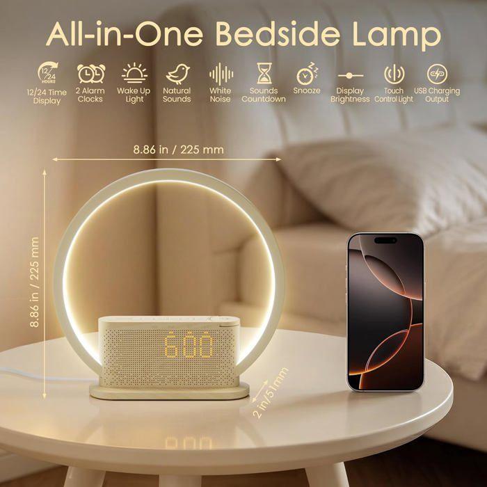 Blonbar Réveil Lumineux - Lampe Imitant Lever du Soleil, 3 Luminosités, 10 Sons Naturels, Port USB, Veilleuse Chambre