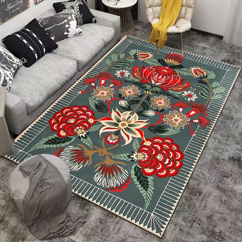 Floral Pattern Carpet with Red Blossoms and Green Leaves for Home Decor Suitable for use as an anti-slip for living room bedroom sofas