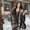 Korean Style Plaid Shawl Coat - Women's Spring/Autumn Cashmere-Feel Tassel Cloak