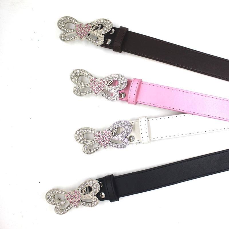 Shinning Rhinestone Waist Belts with Heart&Butterfly Buckle for Rock Fan Adjust Belt for Teens Female Jeans Skirt