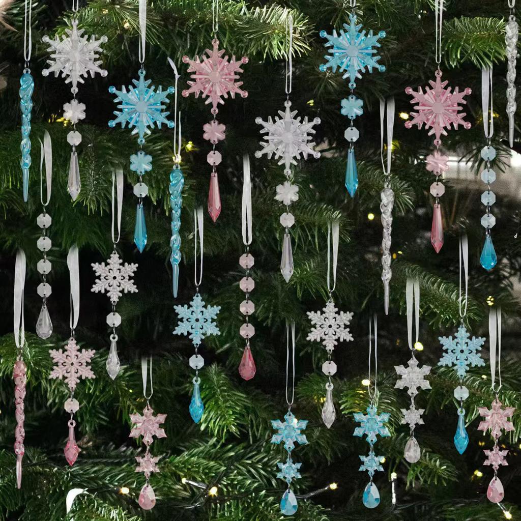 10 Pcs Christmas Tree Pendants with Strings Xmas Baubles Snowflake Icicles Hanging Ornaments for Christmas Party Wedding