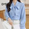 Women Shirt Lace-up Bowknot Collar Long Sleeve Casual Shirt Solid Color Loose Fit Chiffon Shirt Tops Daily Wear