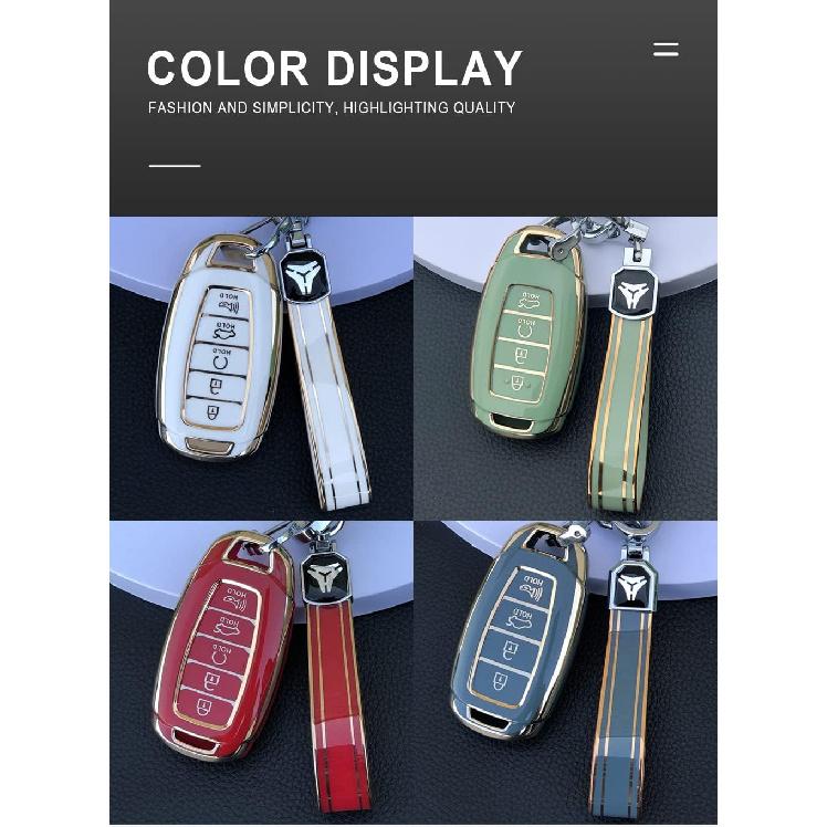 HIBEYO Key Fob Cover for 2018 2019 2020 2021 2022 Hyundai Santa Fe Venue Kona Veloster Palisade Elantra GT Accessories with Keychians Key Case Shell