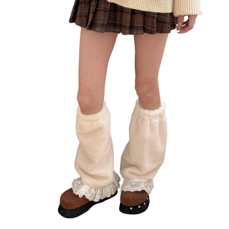 Elegant Ruffle Lace Trimmed Leg Sleeves Fleece Plush Cold Weather Essential Leg Warmers For Women's Fashion Long Socks