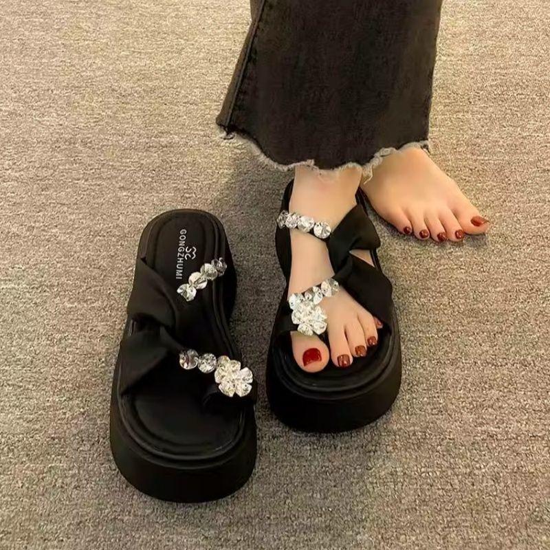 Sandals women's outer wear summer new small thick-soled high-heeled rhinestone cover toe cool slippers
