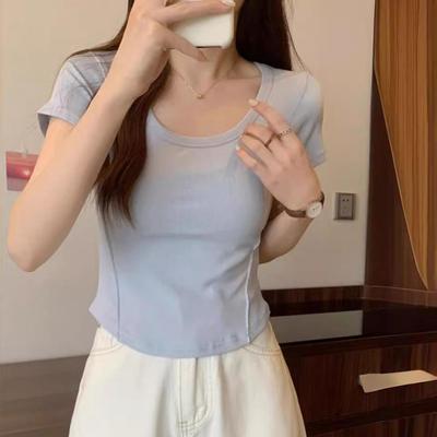 Irregular U-Neck Short Sleeved T-Shirt Summer High Waist Short Style Solid Color Top For Women