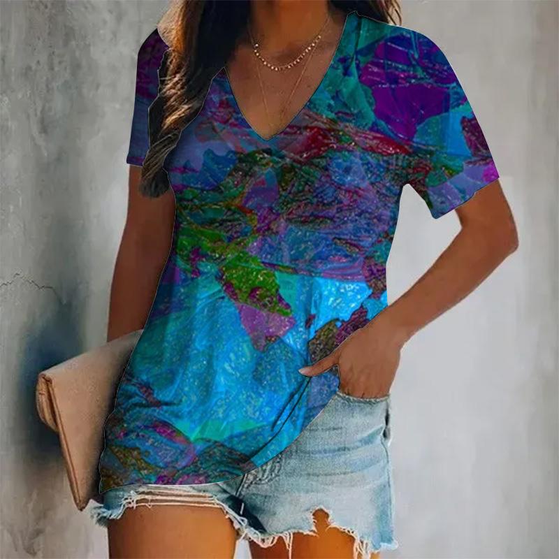 Damen Neues Kurzarm-V-Ausschnitt-T-Shirt mit gedrucktem Farbmuster, Übergroßes Damenoberteil im Y2K-Stil, Atmungsaktives T-Shirt