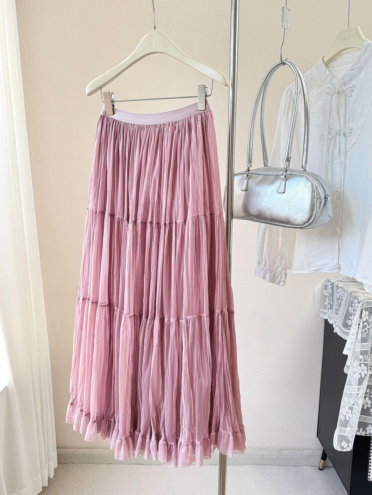 

Women’s French-Style High Waist A-Line Mesh Skirt | 2026 Fairy Pleated Loose Hem One Size рожевий