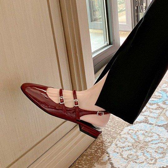 Double Buckle Silver Mary Jane Shoes Flat Low Heel French Retro Baotou Backempty Sandals Women