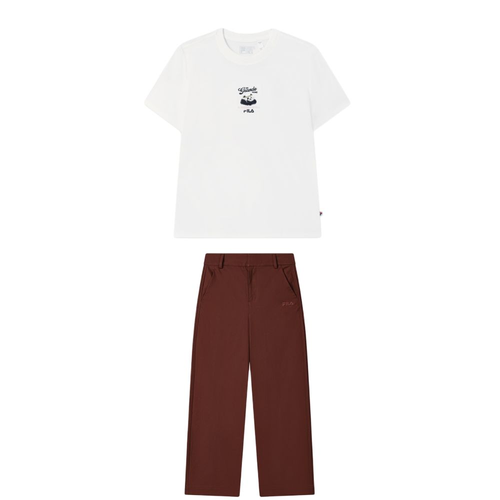 

Fila Винтажная футболка с круглым вырезом и короткими рукавами, вязаная, модная, простая, повседневный комплект с длинными брюками, женские комплекты F11W538113F-WT+F11W538806F-BN S