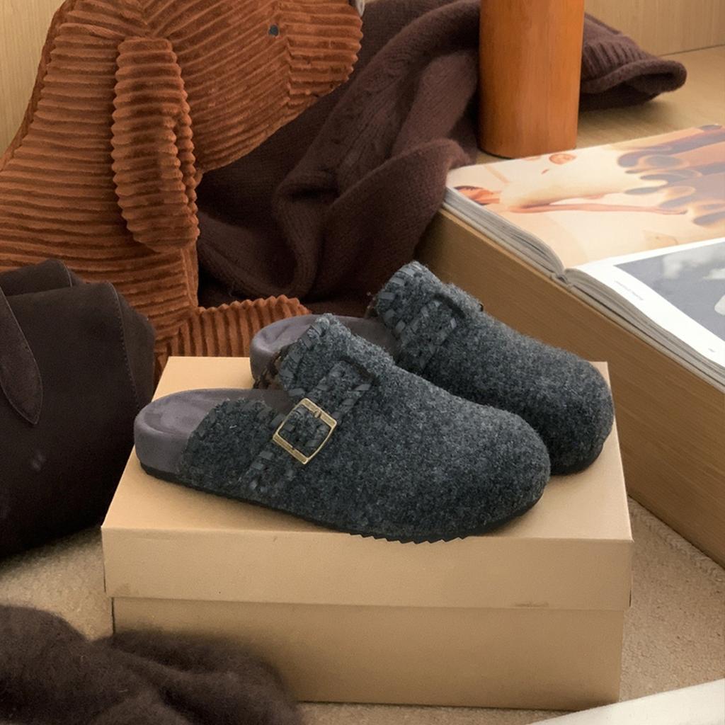 Retro Bag Head Half Slippers One Pedal Belt Buckle Thick-Soled Birkenstocks Women'S Outer Cotton Slippers