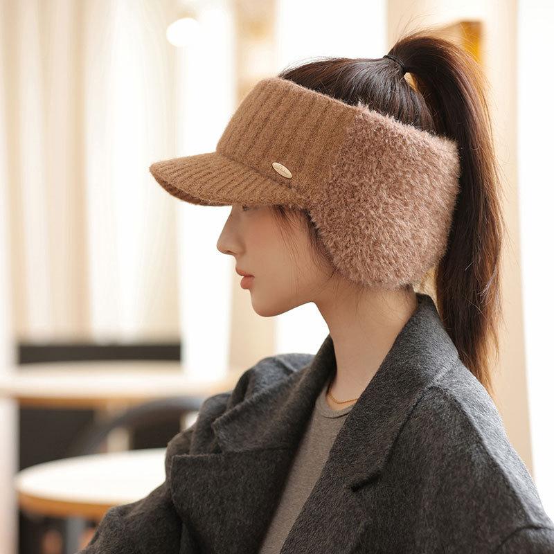 Can tie a ponytail to keep warm, thickened outdoor running, no top cap, empty top wool hat, women's autumn and winter plain and versatile