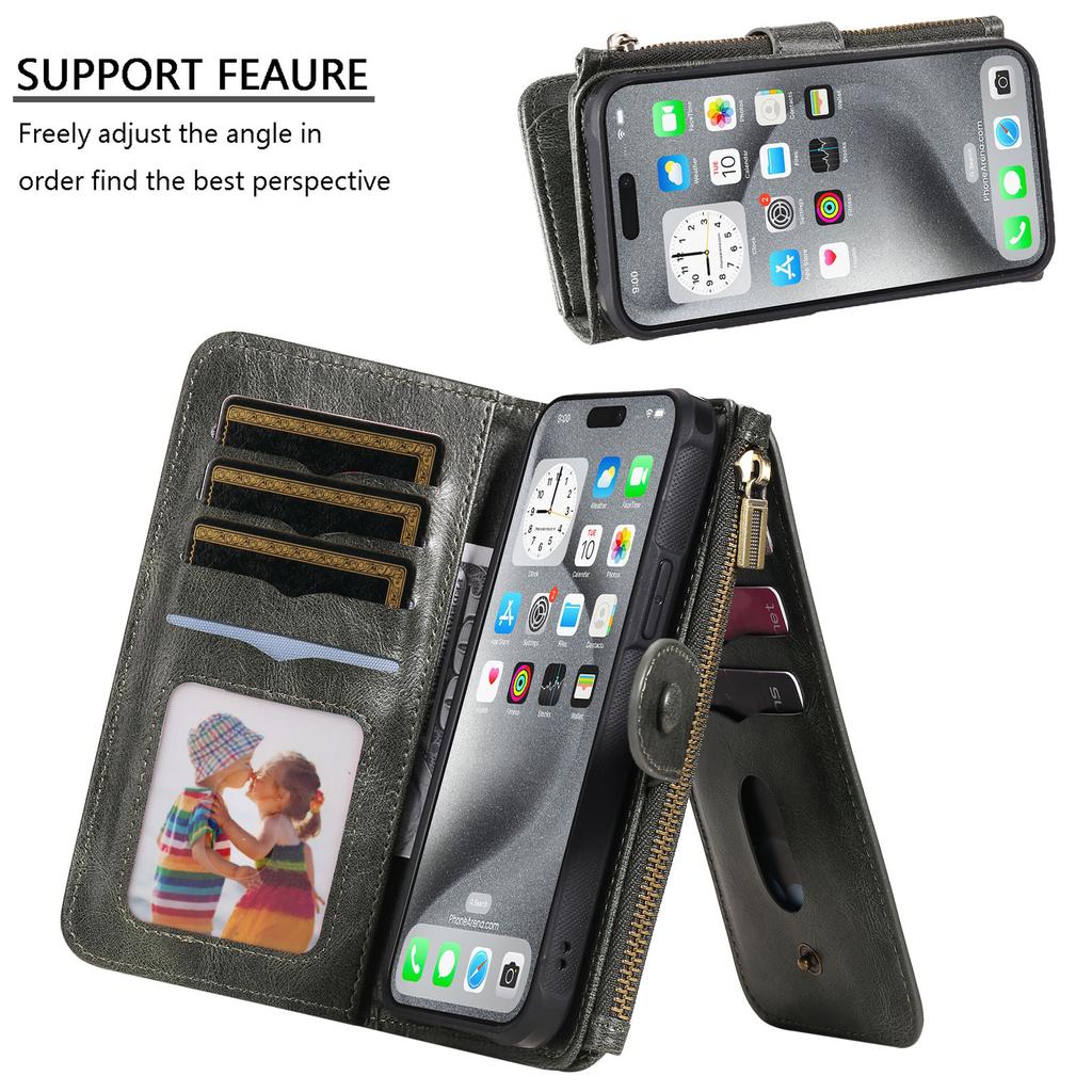 For iPhone 16 Pro Max Magnetic Case Detachable PU Leather Zipper Wallet Cover
