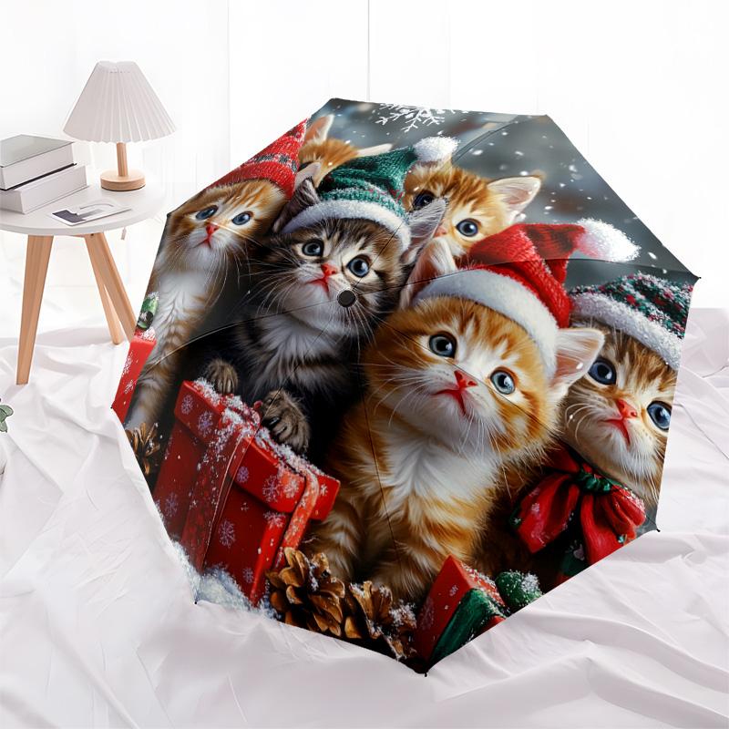 1 PC Automatic Folding Umbrella - Christmas Kittens Pattern, Portable & Foldable Design with 8 Ribs, Christmas Birthday Gifts