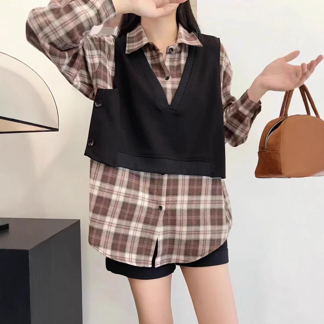 

Women s Plus Size Plaid Two-Piece Set: Brushed Long Sleeve Shirt & Vest, Mid-Length, Loose Fit (Spring/Autumn 2025) Large
