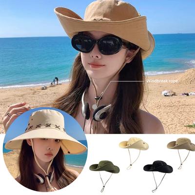 New Large Brim Fisherman Cap Solid Color Adjustable Western Cowboy Hat Outdoor Fishing Hiking Sun Hat Strap Camping Bucket Hat
