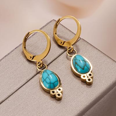 Boucles d'oreilles pendantes vintage turquoise pour femmes, style bohème, couleur or, en acier inoxydable, bijoux d'anniversaire