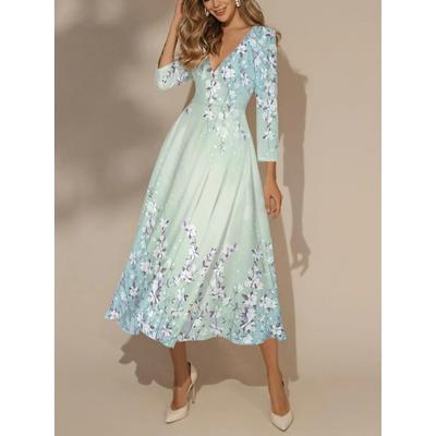 Γυναικεία Μόδα Άνοιξη Φθινοπωρινό Μοτίβο λουλουδιών Εκτύπωση Μακρυμάνικο V-λαιμόκοψη ψηλόμεση casual φορέματα