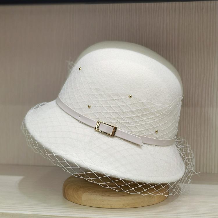 Autumn Winter 100% Wool Hat Bell Hat Women's French Elegant Retro Hepburn Autumn and Winter Celebrity Pearl Wool Felt Bucket Hat