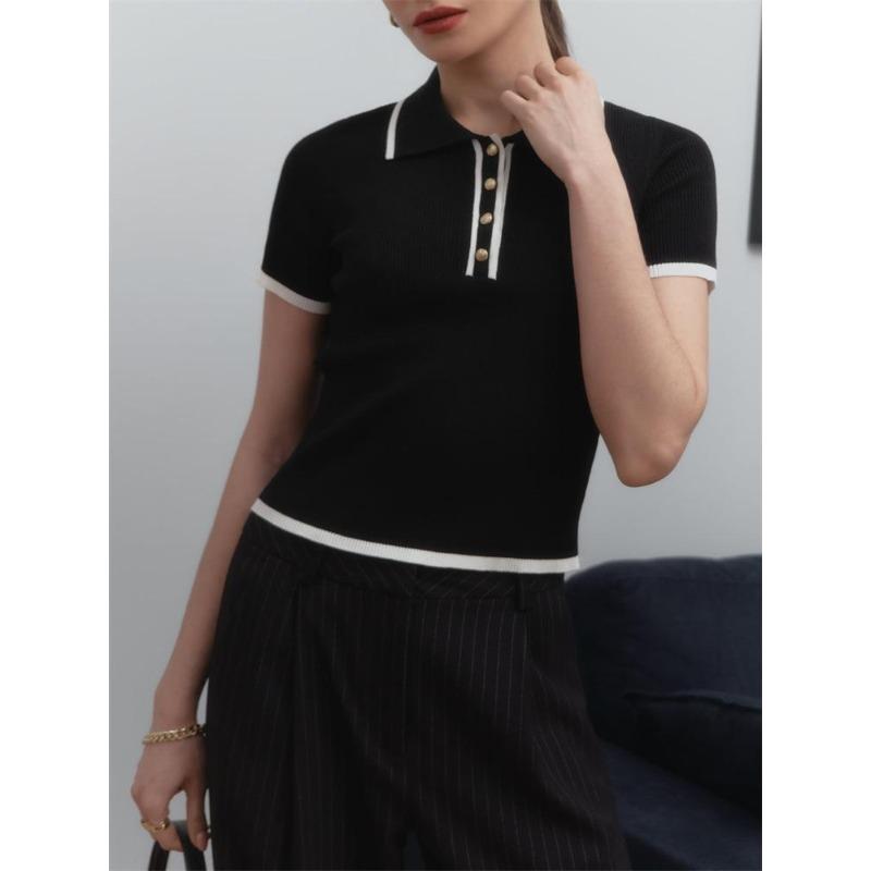 Strickpullover Pullover Damen Kurzarm Patchwork Schlankes Revers Elegantes Kontrast Stricktop Weiblicher Skinny Ripppullover