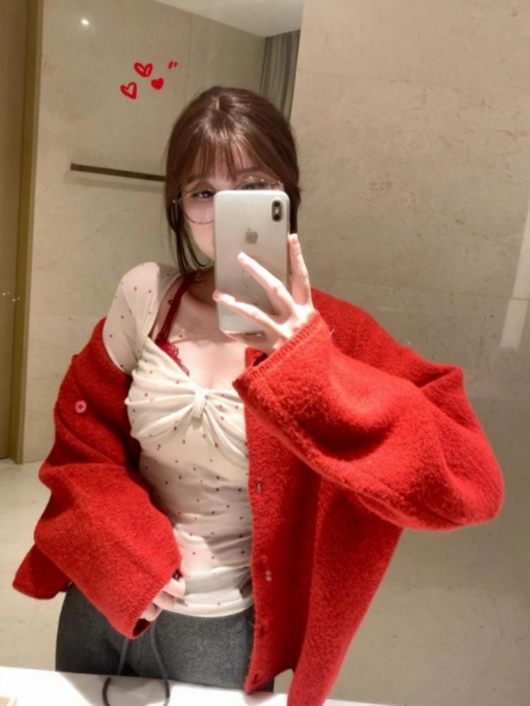 260g Cotton Modal Polka Dot Square Neck Lace-Up Bow Long Sleeve Slimming Top