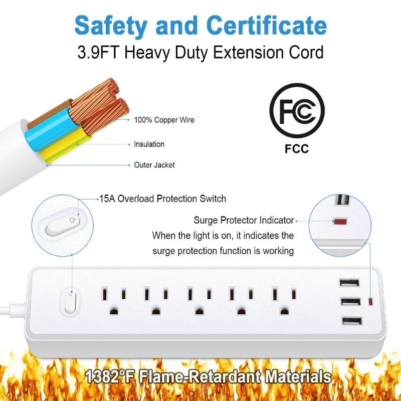 8 in 1 Power Strip Surge Protector US Plug Wall Outlet Adapter with 5pcs Widely-Spaced AC-Outlets & 3x USB Ports