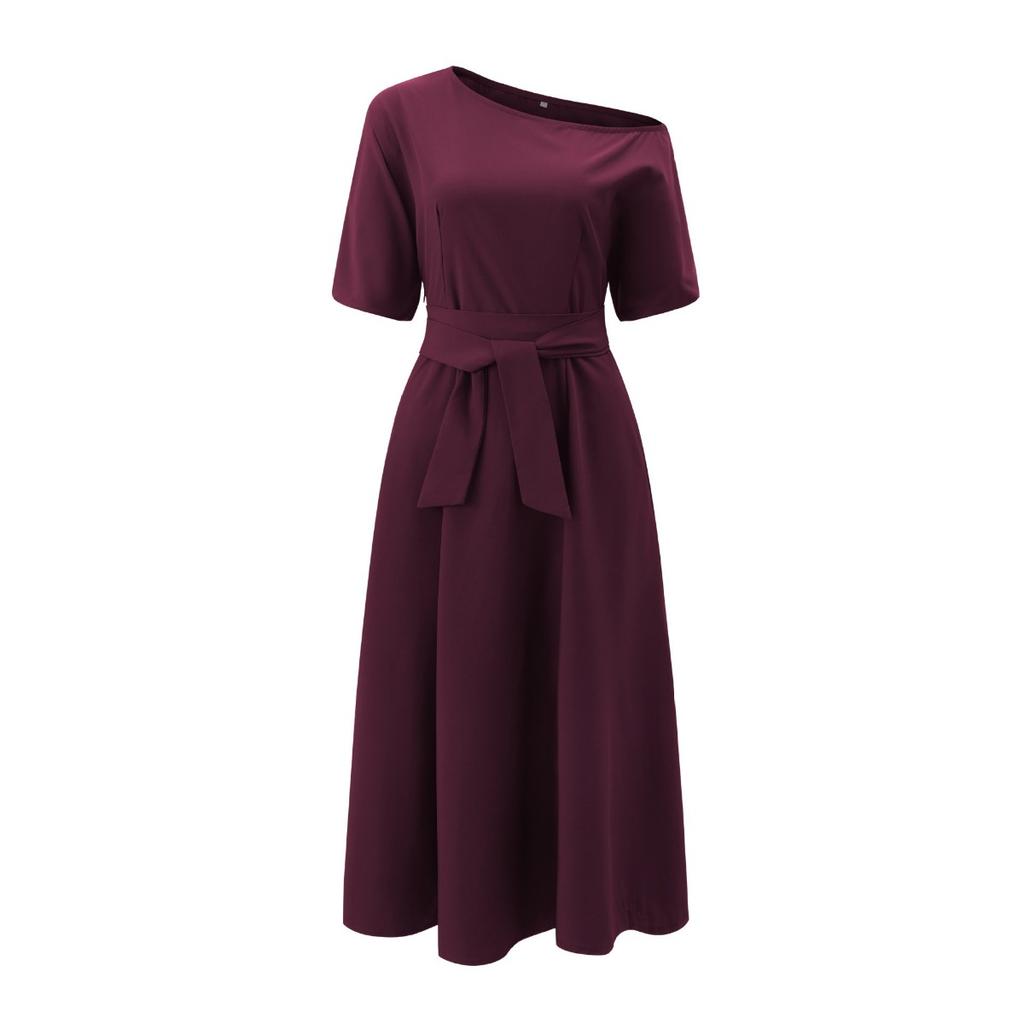 Elegant Women's Fashion Green Diagonal Neck Middle Sleeve Casual Dress Women's Casual Retro Long Dress