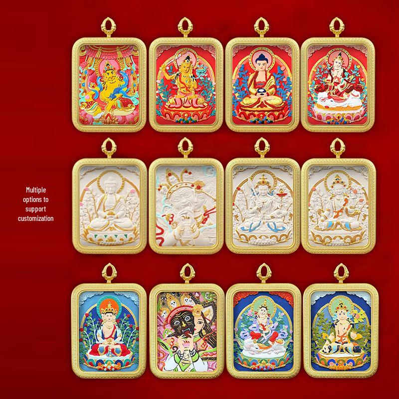 Tibetisches Grünes Tara & Gelbes Jambhala Amulett: Titanstahl Medizin Buddha Anhänger