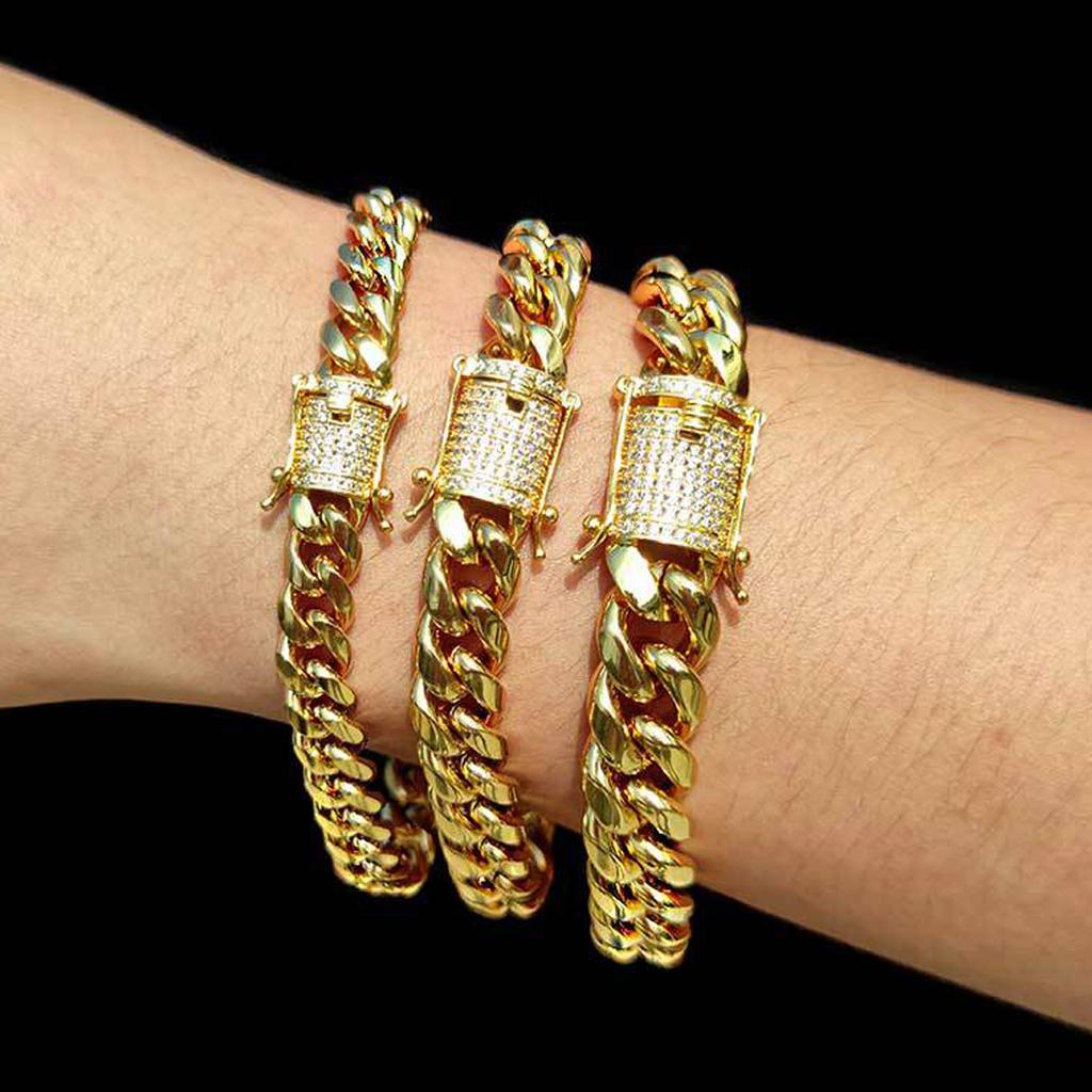 2019 Neuankömmling 8/10/12/14/16/18 mm Edelstahl Miami Curb Cuban Chain Kristallarmband Casting Lock Verschluss Herren Gliederschmuck