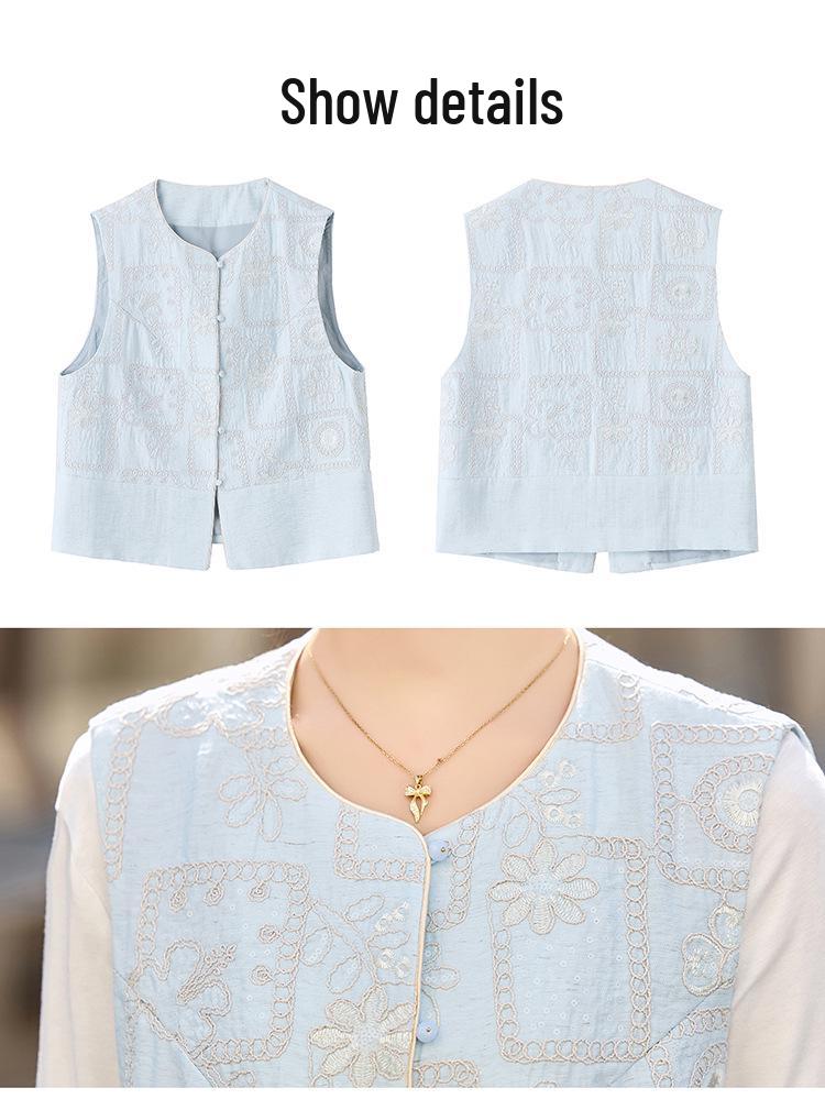 Spring 2025 Women's Embroidered Tang Suit Vest - Chic, Age-Defying Style