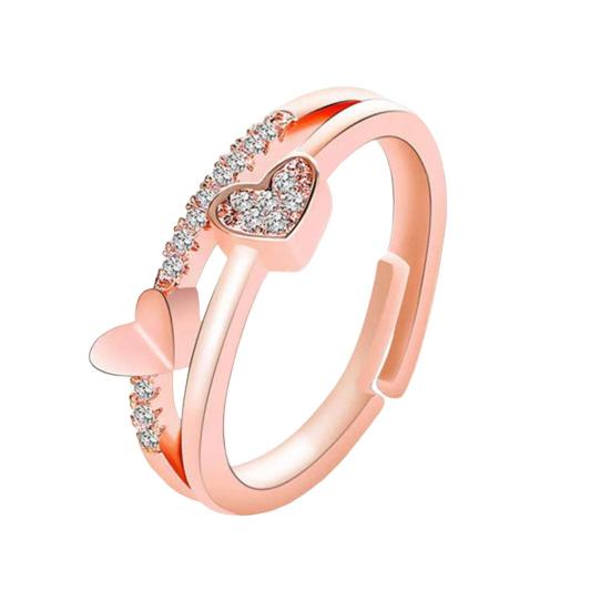 Women Open Ring Rhinestone Heart Adjustable Hollow Smooth Romantic Love Polished Anniversary Gift Wedding Ring Daily Prom Finger Ring Jewelry