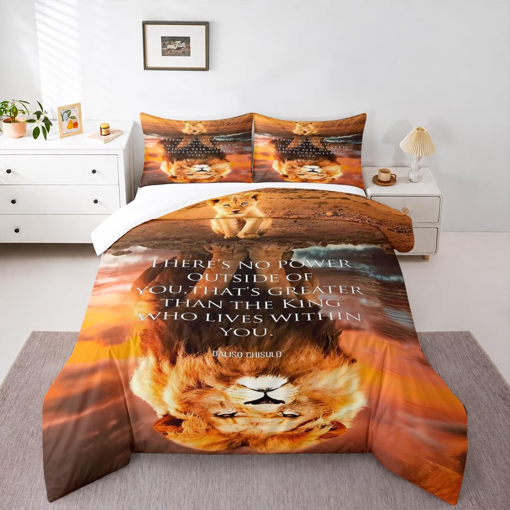 Lion Cub and Reflection Quote Bedding set (1 duvet cover, 2 pillowcases, duvet not included), Orange Safari Motivational Lion King Art Print