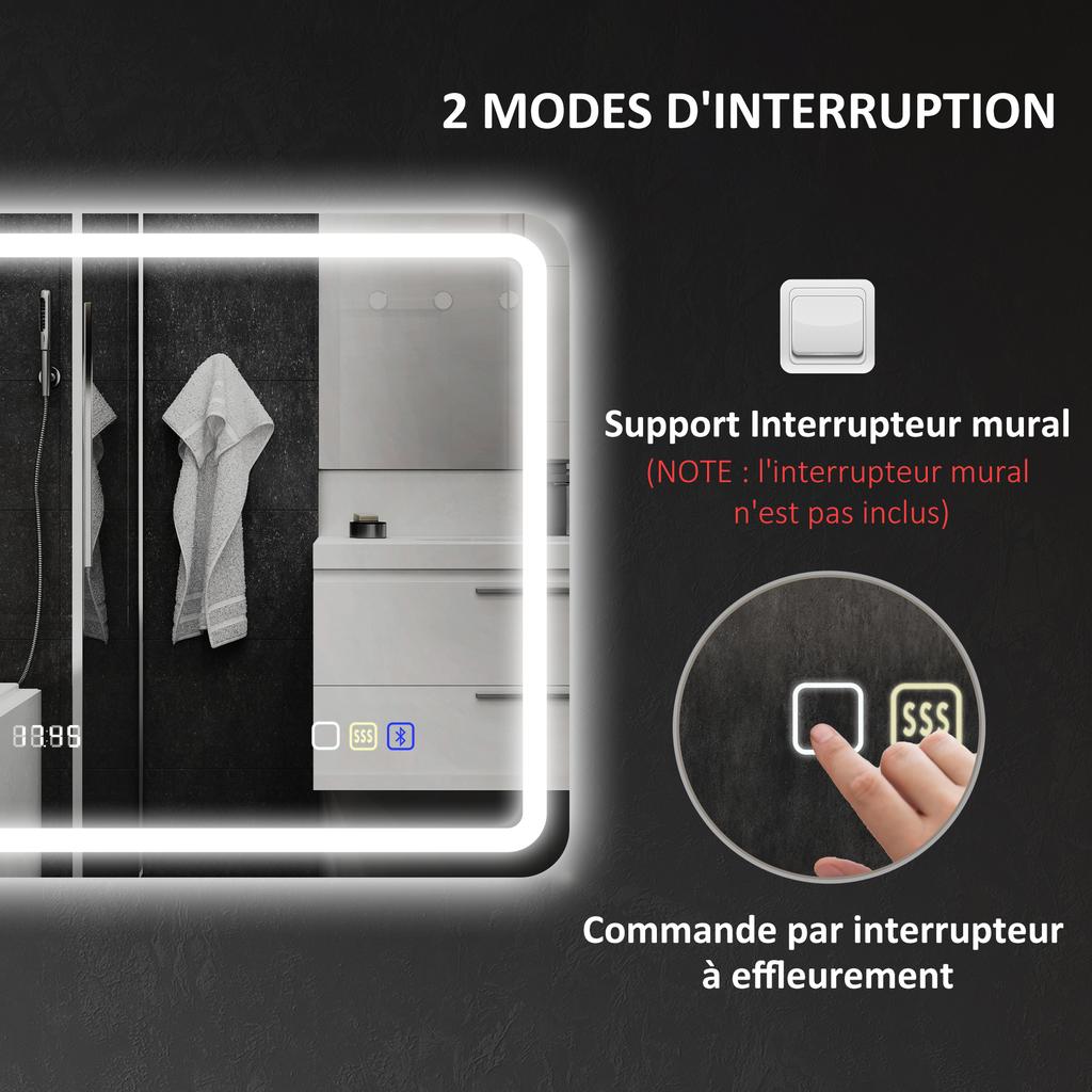 Bathroom mirror Bluetooth with LED lighting 50 x 70 cm, illuminated wall mirror with clock, anti-fog, silver