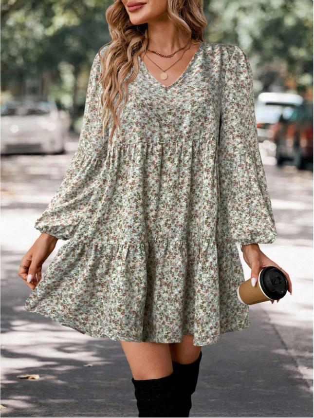 Hot-selling European and American foreign trade new dresses, round neck small floral long-sleeved bohemian dress