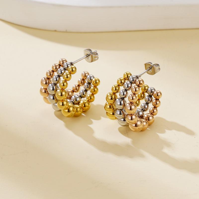 Luxury 18K Gold C-Shaped Earrings: European & American Influencer Style with Round Bead Design for Women