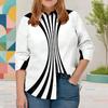 Women Plus Size Collared Neck Long Sleeve Black White Printed Button Front Curved Hem Shirt