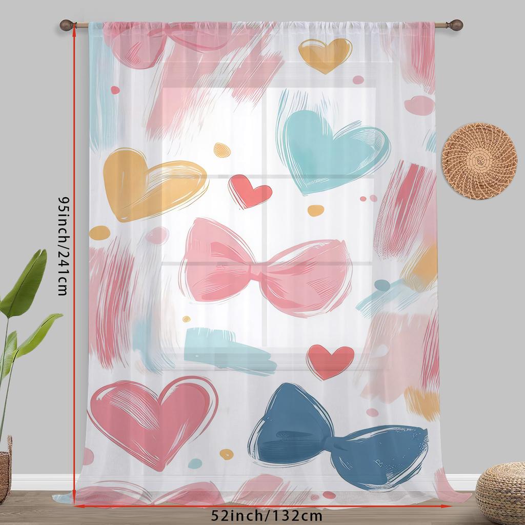 Single Panel White Background Painted Love Bow Gauze Curtain Romantic Style Living Room Bedroom Translucent For Area Made Of Polyester