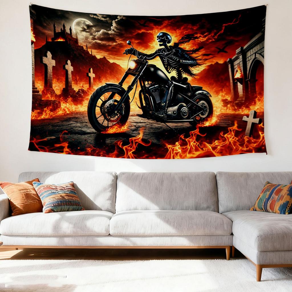 1PC Gothic Motorcycle Rider Tapestry Flame Background Wall Hanging Dark Gothic Decor for Living Room Bedroom Bar