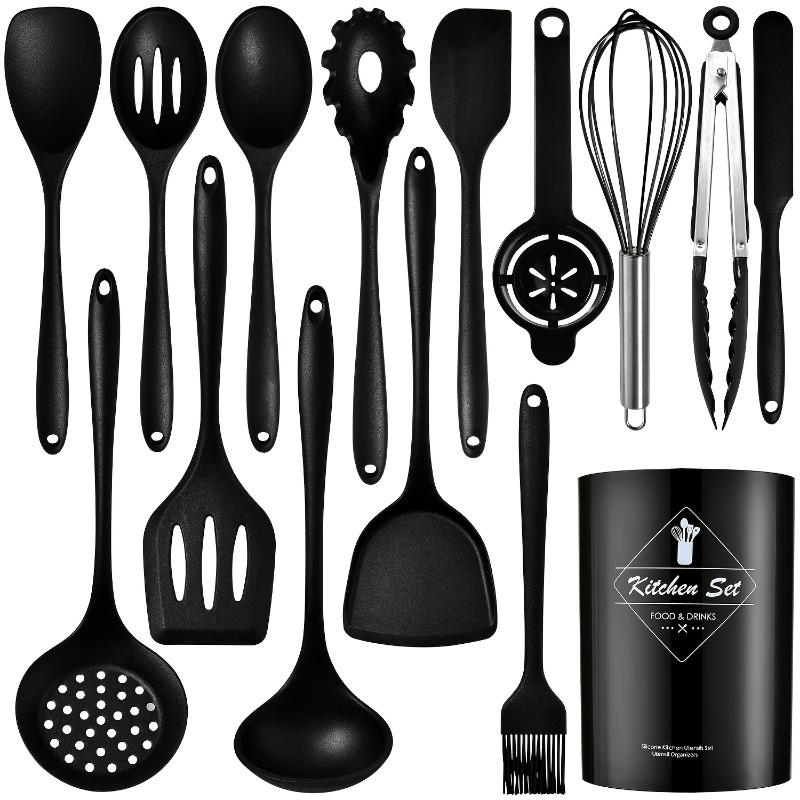 15pcs Silicone Kitchen Tools Set Non Stick High Temp Resistant Food Grade Utensils Spatulas Spoons Colander Storage Bucket