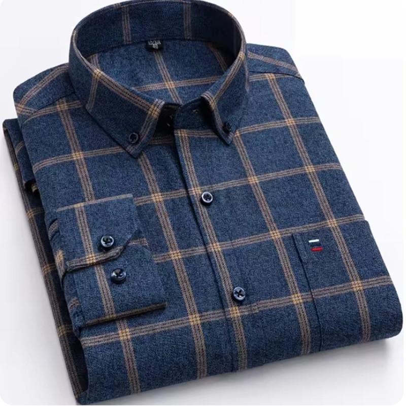 Nové Bavlněné Pánské Košile Dlouhý Rukáv Ležérní Kostkované Pruhované Měkké Regular Fit Formální Košile Společenská Halenka Pánské Oblečení 4XL 5XL 6XL