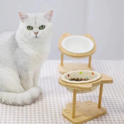 Drewniany Stojak Ceramiczna Miska dla Kota Antypoślizgowa Ergonomiczna Miska Przeciw Wymiotom Ochrona Szyi Miska na Wodę dla Kota w Kształcie Kwiatu Artykuły dla Zwierząt