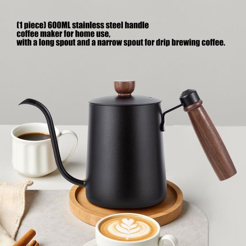 Bouilloire à Café en Acier Inoxydable 304 avec Bec Long Col de Cygne Capacité 600ML Théière avec Poignée en Bois Pour Contrôle Manuel des Gouttes