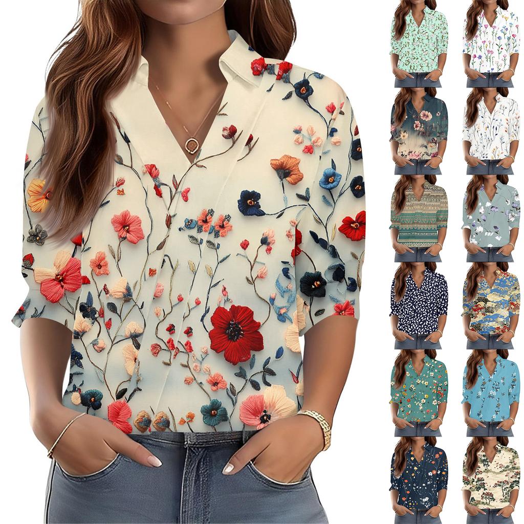 Dámské topy s 3/4 rukávem, košile s výstřihem do V, trendy potištěné, business casual pracovní halenky