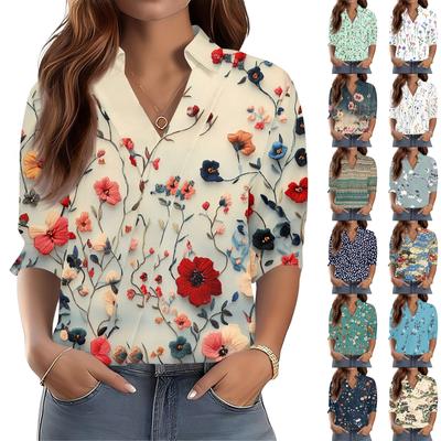 3/4-Ärmel Damenoberteile V-Ausschnitt Shirts Trendy Bedruckte Business Casual Arbeitsblusen