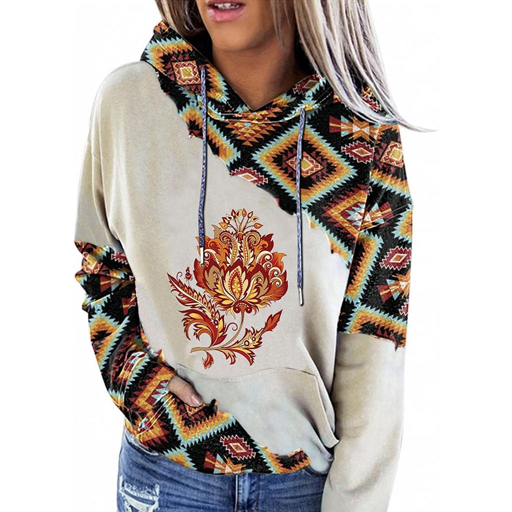 Women's Aztec Hoodie Geometric Pattern Long Sleeve Colour Block Pullover Drawstring Sweatshirt