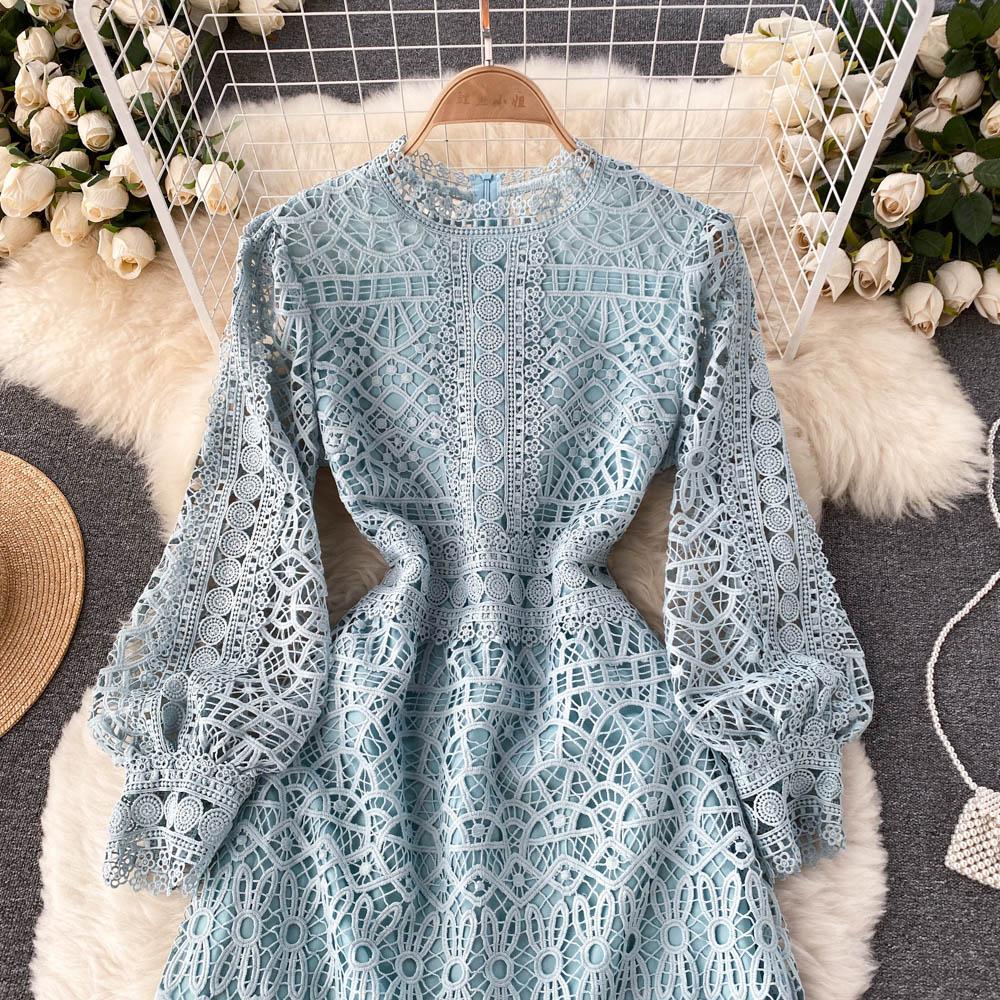 RUGOD Robe rétro haut de gamme de déesse du tempérament, robe trapèze en dentelle à crochet creux à taille fine et fleur