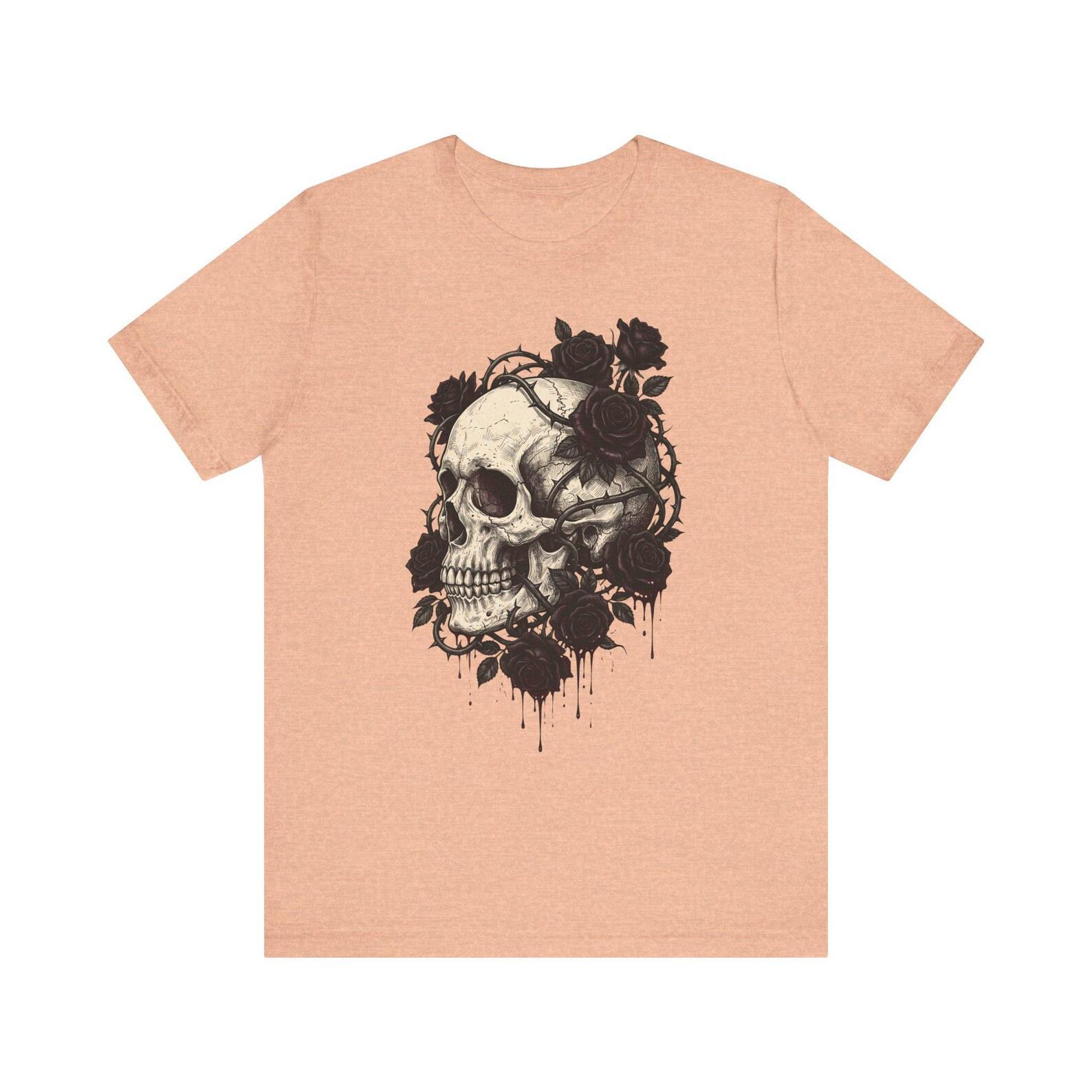 Skull with Roses Tee | Gothic Skull Floral Shirt, Dark Grunge Design 2XL